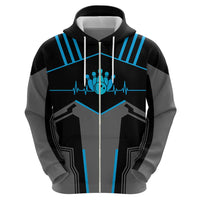 Custom Bowling Team Zip Hoodie with Blue Bowling Pin Heartbeat Graphic and Winged Emblem - Wonder Print Shop