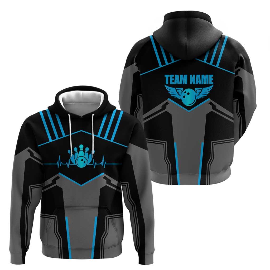 Custom Bowling Team Zip Hoodie with Blue Bowling Pin Heartbeat Graphic and Winged Emblem - Wonder Print Shop