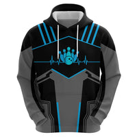 Custom Bowling Team Zip Hoodie with Blue Bowling Pin Heartbeat Graphic and Winged Emblem - Wonder Print Shop