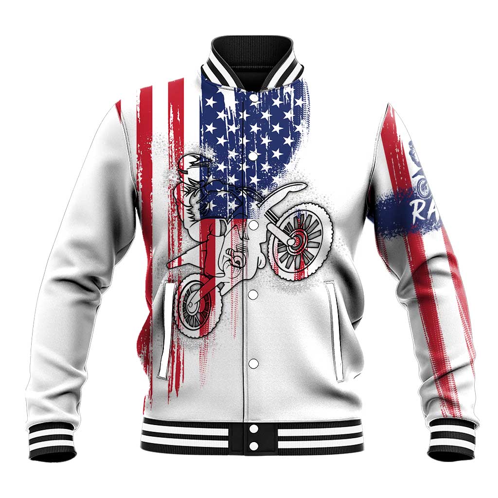 Motocross Rider Graphic Dirtbike Racing Baseball Jacket with Distressed American Flag and Custom Number - Wonder Print Shop