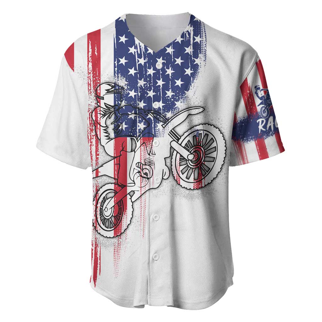 Motocross Rider Graphic Dirtbike Racing Baseball Jersey with Distressed American Flag and Custom Number - Wonder Print Shop