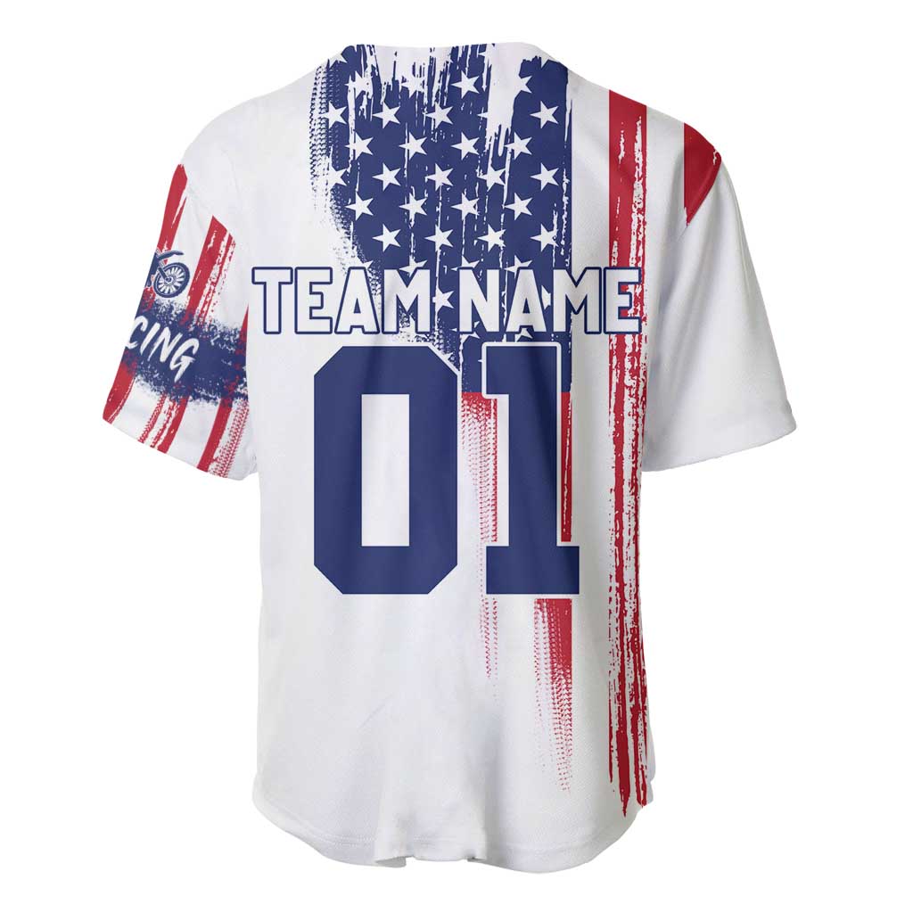 Motocross Rider Graphic Dirtbike Racing Baseball Jersey with Distressed American Flag and Custom Number - Wonder Print Shop