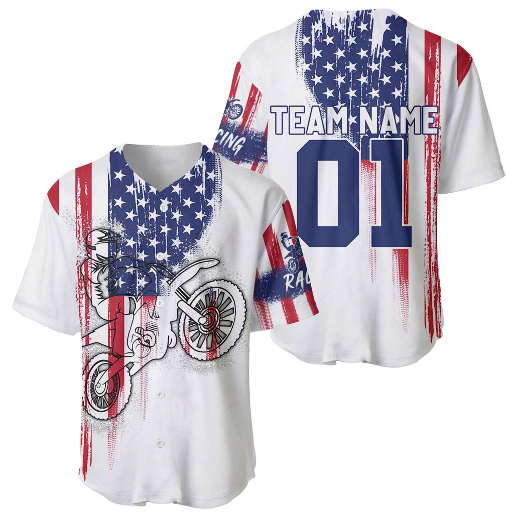 Motocross Rider Graphic Dirtbike Racing Baseball Jersey with Distressed American Flag and Custom Number - Wonder Print Shop