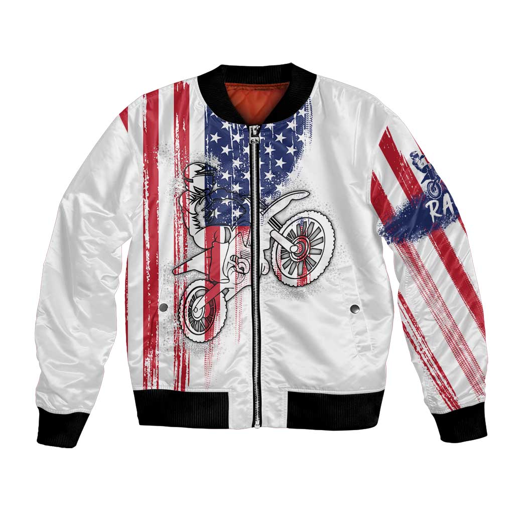 Motocross Rider Graphic Dirtbike Racing Bomber Jacket with Distressed American Flag and Custom Number - Wonder Print Shop