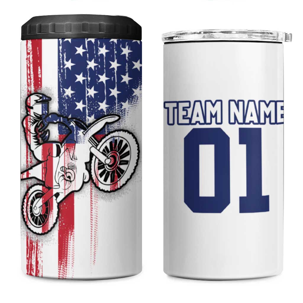 Motocross Rider Graphic Dirtbike Racing 4 in 1 Can Cooler Tumbler with Distressed American Flag and Custom Number - Wonder Print Shop