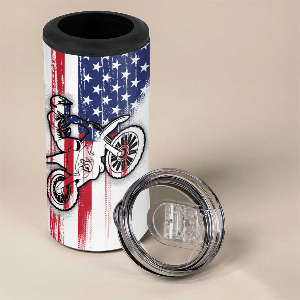 Motocross Rider Graphic Dirtbike Racing 4 in 1 Can Cooler Tumbler with Distressed American Flag and Custom Number - Wonder Print Shop