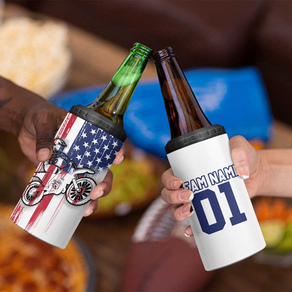 Motocross Rider Graphic Dirtbike Racing 4 in 1 Can Cooler Tumbler with Distressed American Flag and Custom Number - Wonder Print Shop