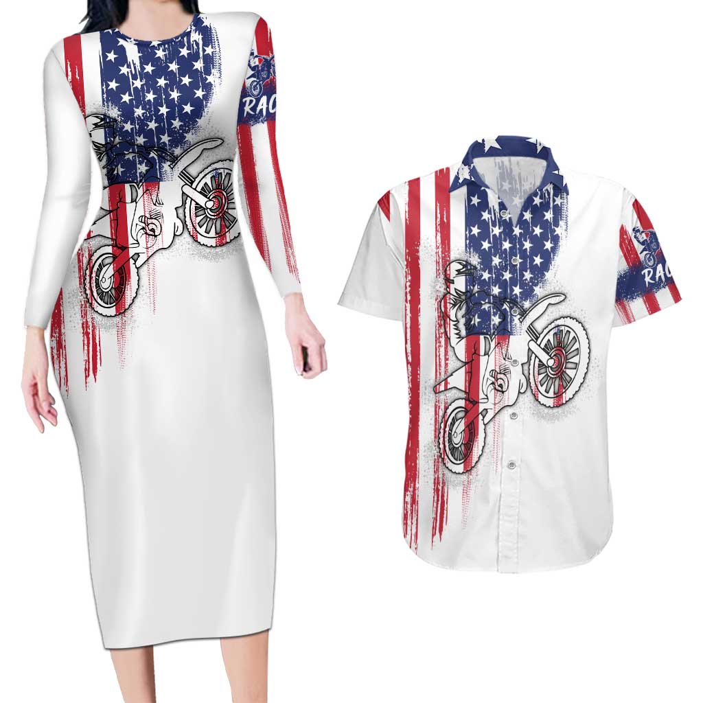 Motocross Rider Graphic Dirtbike Racing Couples Matching Long Sleeve Bodycon Dress and Hawaiian Shirt with Distressed American Flag and Custom Number - Wonder Print Shop