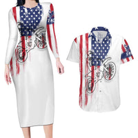 Motocross Rider Graphic Dirtbike Racing Couples Matching Long Sleeve Bodycon Dress and Hawaiian Shirt with Distressed American Flag and Custom Number - Wonder Print Shop