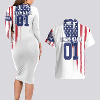 Motocross Rider Graphic Dirtbike Racing Couples Matching Long Sleeve Bodycon Dress and Hawaiian Shirt with Distressed American Flag and Custom Number - Wonder Print Shop