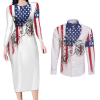 Motocross Rider Graphic Dirtbike Racing Couples Matching Long Sleeve Bodycon Dress and Long Sleeve Button Shirt with Distressed American Flag and Custom Number - Wonder Print Shop
