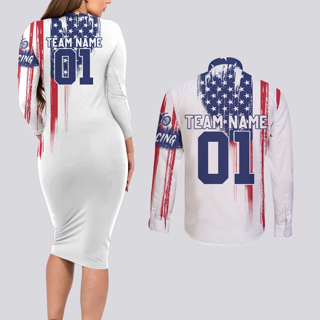 Motocross Rider Graphic Dirtbike Racing Couples Matching Long Sleeve Bodycon Dress and Long Sleeve Button Shirt with Distressed American Flag and Custom Number - Wonder Print Shop