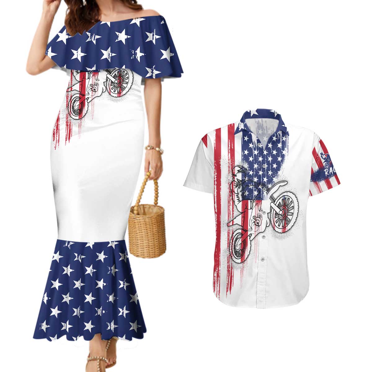 Motocross Rider Graphic Dirtbike Racing Couples Matching Mermaid Dress and Hawaiian Shirt with Distressed American Flag and Custom Number - Wonder Print Shop