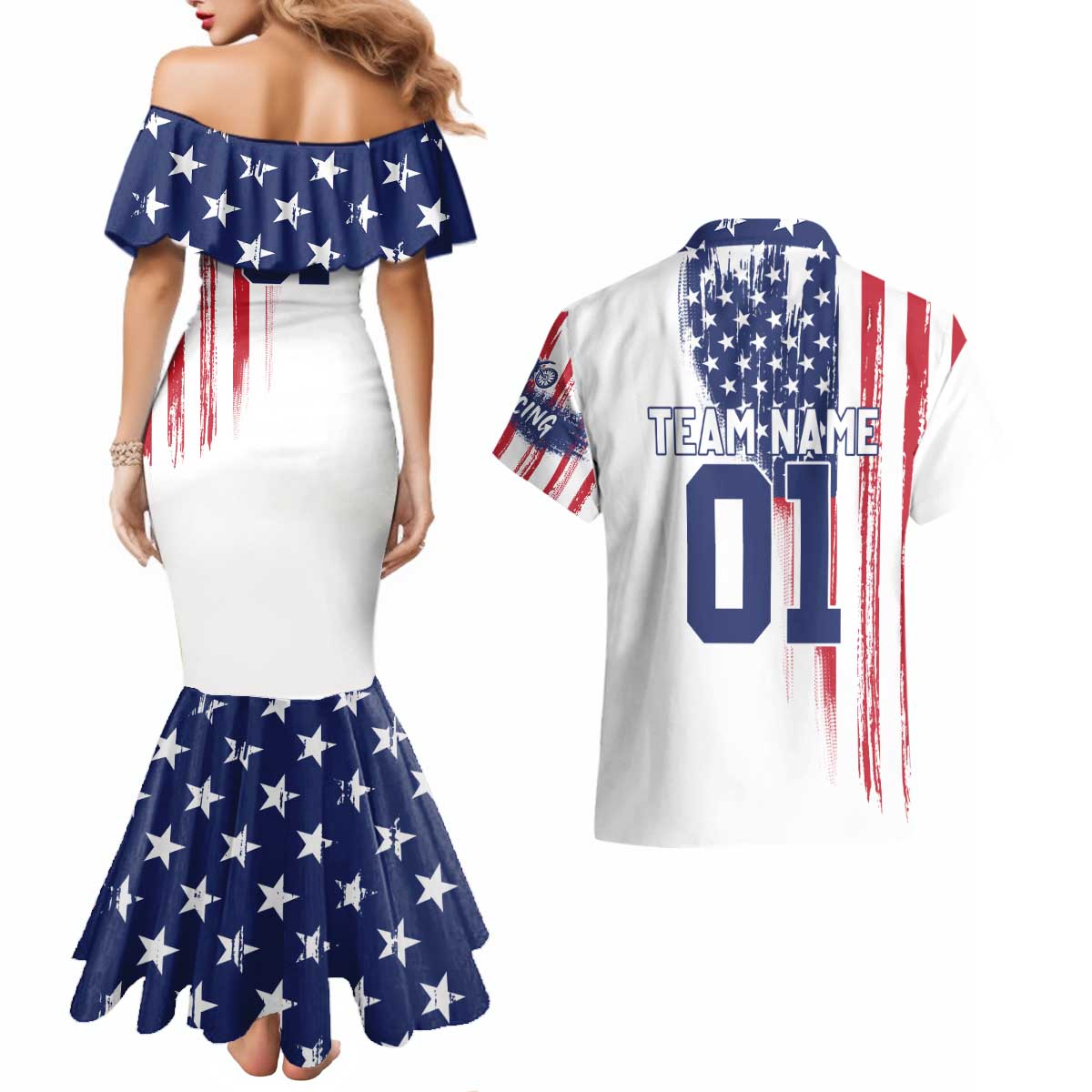 Motocross Rider Graphic Dirtbike Racing Couples Matching Mermaid Dress and Hawaiian Shirt with Distressed American Flag and Custom Number - Wonder Print Shop