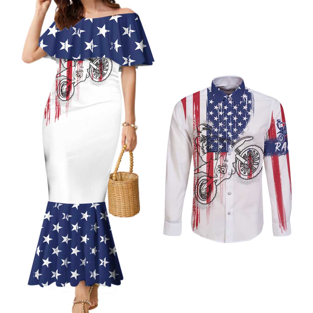 Motocross Rider Graphic Dirtbike Racing Couples Matching Mermaid Dress and Long Sleeve Button Shirt with Distressed American Flag and Custom Number - Wonder Print Shop