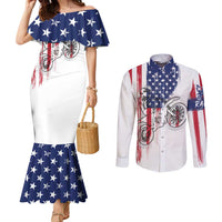 Motocross Rider Graphic Dirtbike Racing Couples Matching Mermaid Dress and Long Sleeve Button Shirt with Distressed American Flag and Custom Number - Wonder Print Shop