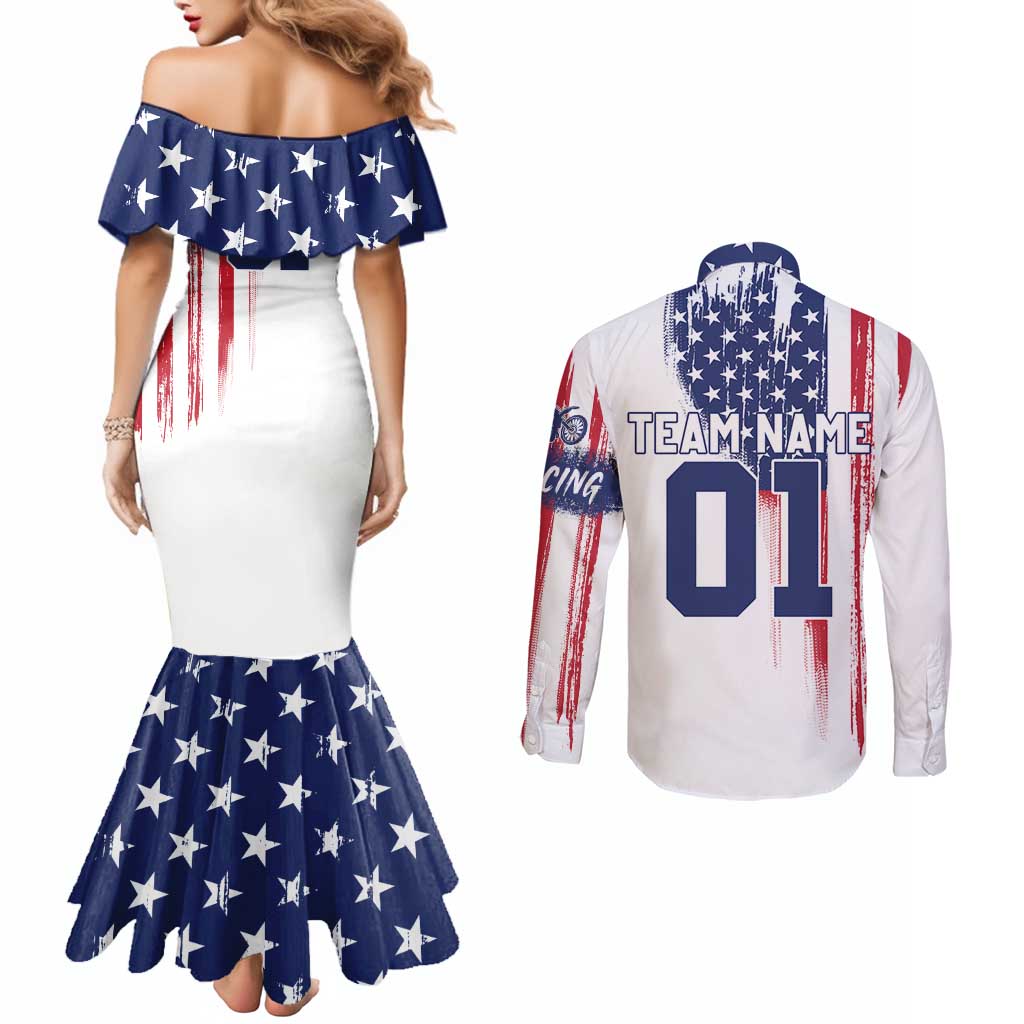Motocross Rider Graphic Dirtbike Racing Couples Matching Mermaid Dress and Long Sleeve Button Shirt with Distressed American Flag and Custom Number - Wonder Print Shop