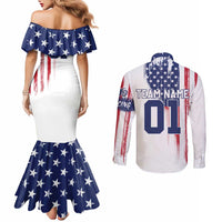 Motocross Rider Graphic Dirtbike Racing Couples Matching Mermaid Dress and Long Sleeve Button Shirt with Distressed American Flag and Custom Number - Wonder Print Shop