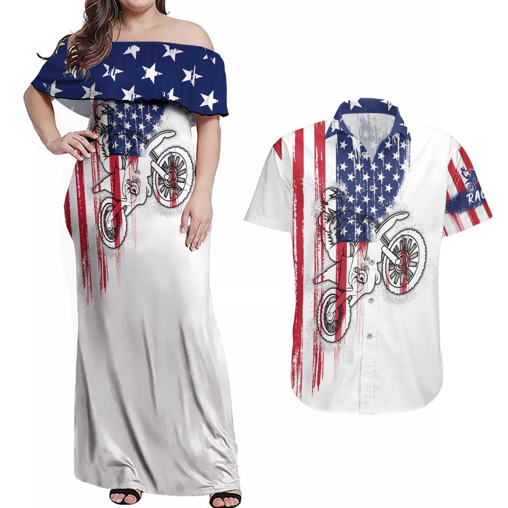 Motocross Rider Graphic Dirtbike Racing Couples Matching Off Shoulder Maxi Dress and Hawaiian Shirt with Distressed American Flag and Custom Number - Wonder Print Shop