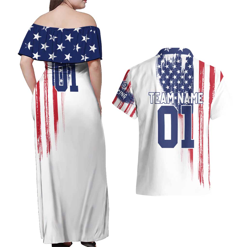 Motocross Rider Graphic Dirtbike Racing Couples Matching Off Shoulder Maxi Dress and Hawaiian Shirt with Distressed American Flag and Custom Number - Wonder Print Shop