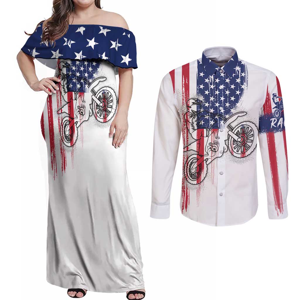 Motocross Rider Graphic Dirtbike Racing Couples Matching Off Shoulder Maxi Dress and Long Sleeve Button Shirt with Distressed American Flag and Custom Number - Wonder Print Shop