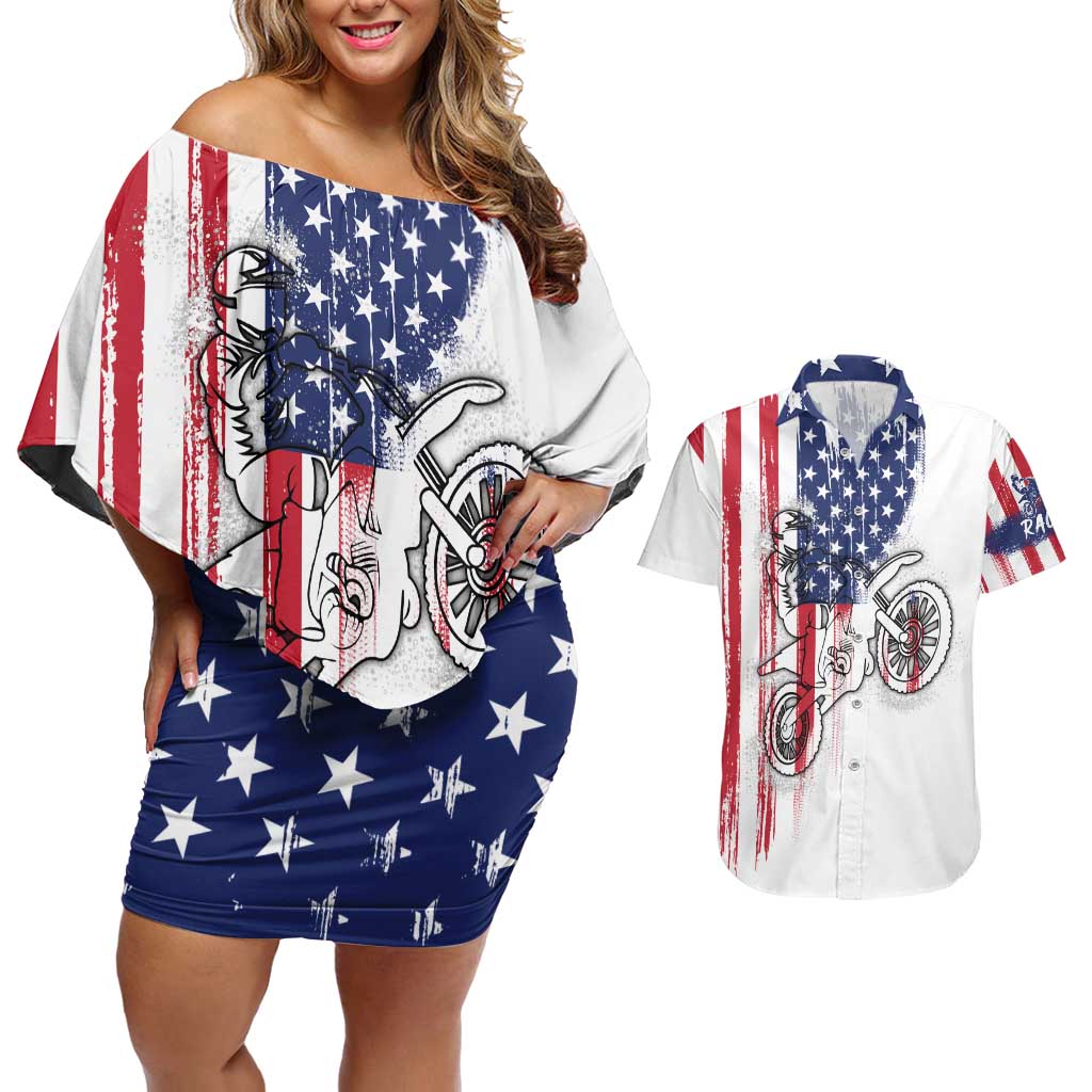 Motocross Rider Graphic Dirtbike Racing Couples Matching Off Shoulder Short Dress and Hawaiian Shirt with Distressed American Flag and Custom Number - Wonder Print Shop