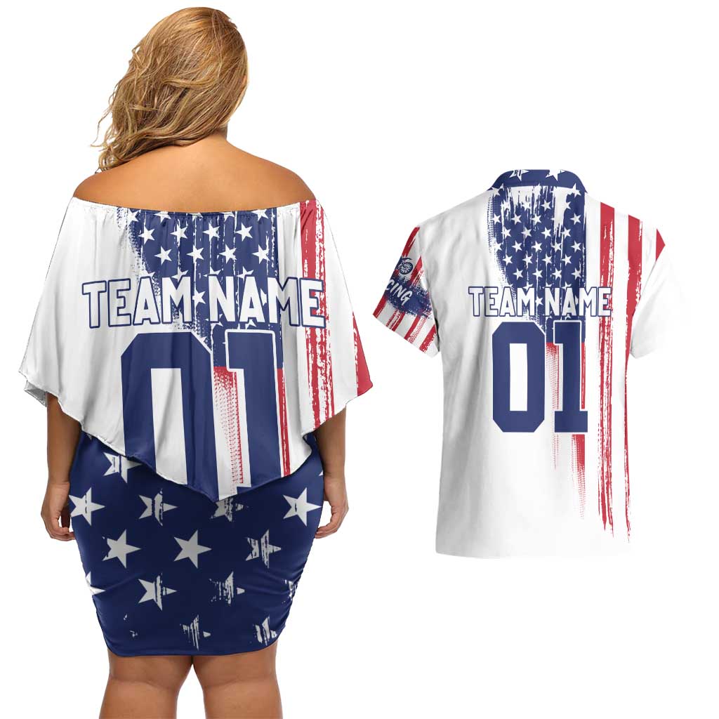Motocross Rider Graphic Dirtbike Racing Couples Matching Off Shoulder Short Dress and Hawaiian Shirt with Distressed American Flag and Custom Number - Wonder Print Shop