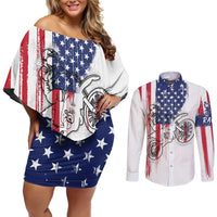 Motocross Rider Graphic Dirtbike Racing Couples Matching Off Shoulder Short Dress and Long Sleeve Button Shirt with Distressed American Flag and Custom Number - Wonder Print Shop