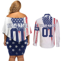 Motocross Rider Graphic Dirtbike Racing Couples Matching Off Shoulder Short Dress and Long Sleeve Button Shirt with Distressed American Flag and Custom Number - Wonder Print Shop