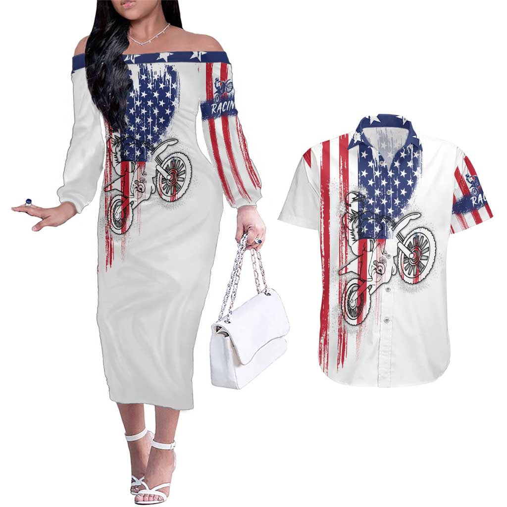 Motocross Rider Graphic Dirtbike Racing Couples Matching Off The Shoulder Long Sleeve Dress and Hawaiian Shirt with Distressed American Flag and Custom Number - Wonder Print Shop