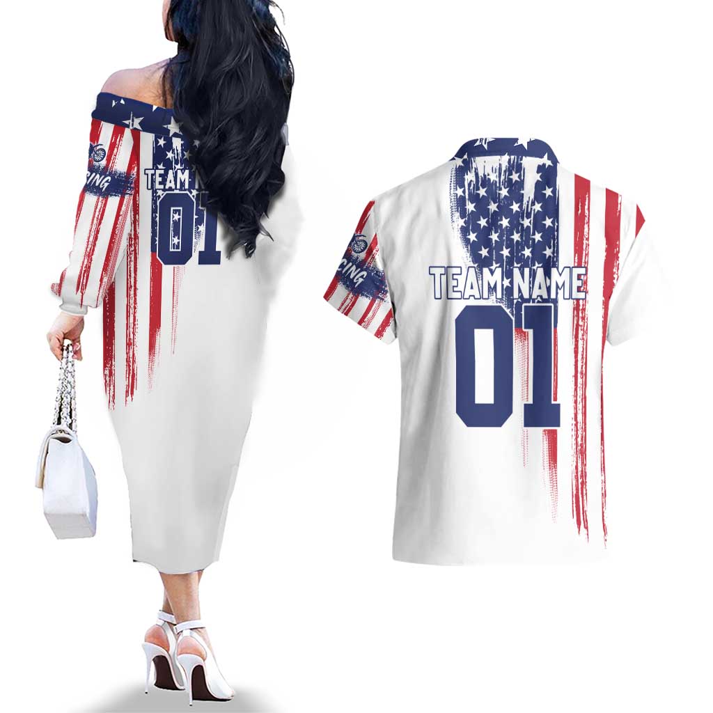 Motocross Rider Graphic Dirtbike Racing Couples Matching Off The Shoulder Long Sleeve Dress and Hawaiian Shirt with Distressed American Flag and Custom Number - Wonder Print Shop