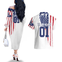 Motocross Rider Graphic Dirtbike Racing Couples Matching Off The Shoulder Long Sleeve Dress and Hawaiian Shirt with Distressed American Flag and Custom Number - Wonder Print Shop
