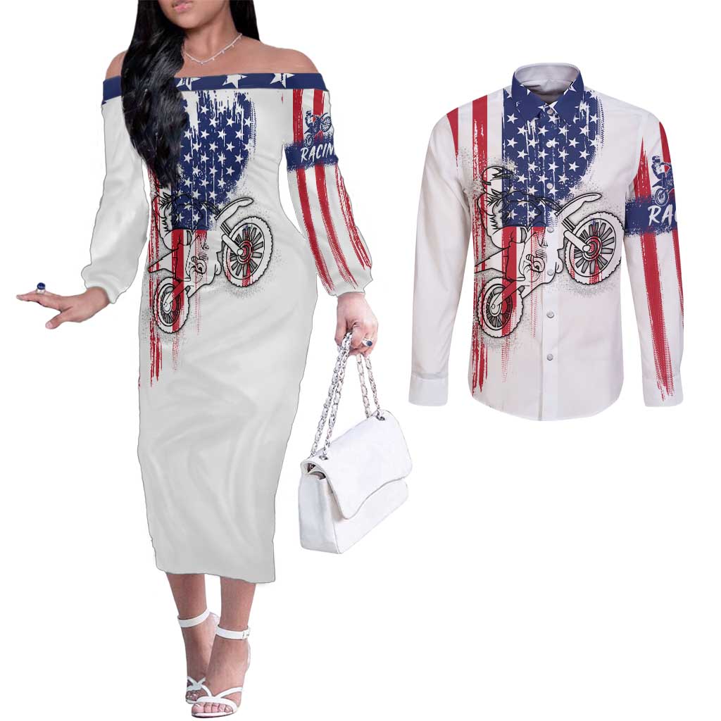 Motocross Rider Graphic Dirtbike Racing Couples Matching Off The Shoulder Long Sleeve Dress and Long Sleeve Button Shirt with Distressed American Flag and Custom Number - Wonder Print Shop
