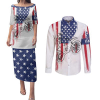 Motocross Rider Graphic Dirtbike Racing Couples Matching Puletasi and Long Sleeve Button Shirt with Distressed American Flag and Custom Number - Wonder Print Shop