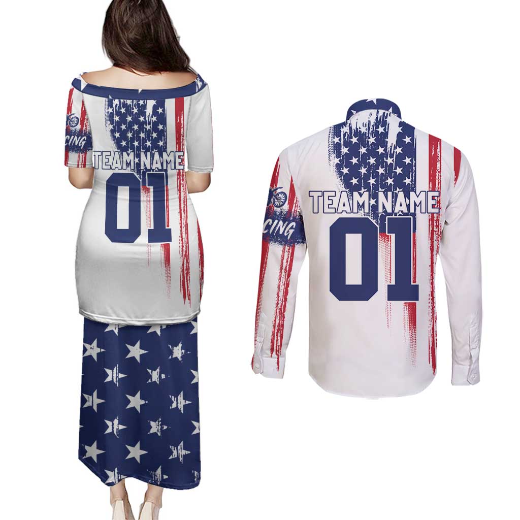 Motocross Rider Graphic Dirtbike Racing Couples Matching Puletasi and Long Sleeve Button Shirt with Distressed American Flag and Custom Number - Wonder Print Shop
