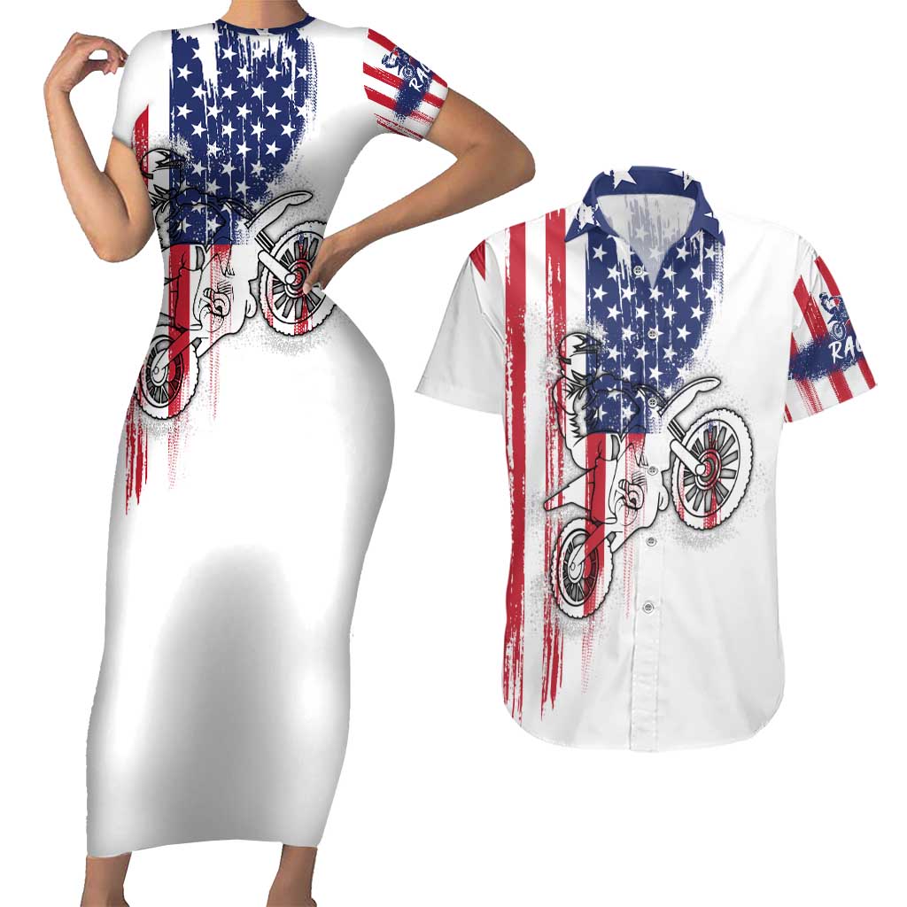 Motocross Rider Graphic Dirtbike Racing Couples Matching Short Sleeve Bodycon Dress and Hawaiian Shirt with Distressed American Flag and Custom Number - Wonder Print Shop