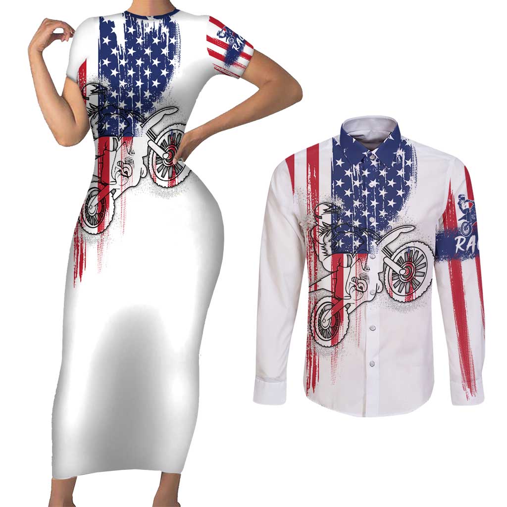 Motocross Rider Graphic Dirtbike Racing Couples Matching Short Sleeve Bodycon Dress and Long Sleeve Button Shirt with Distressed American Flag and Custom Number - Wonder Print Shop