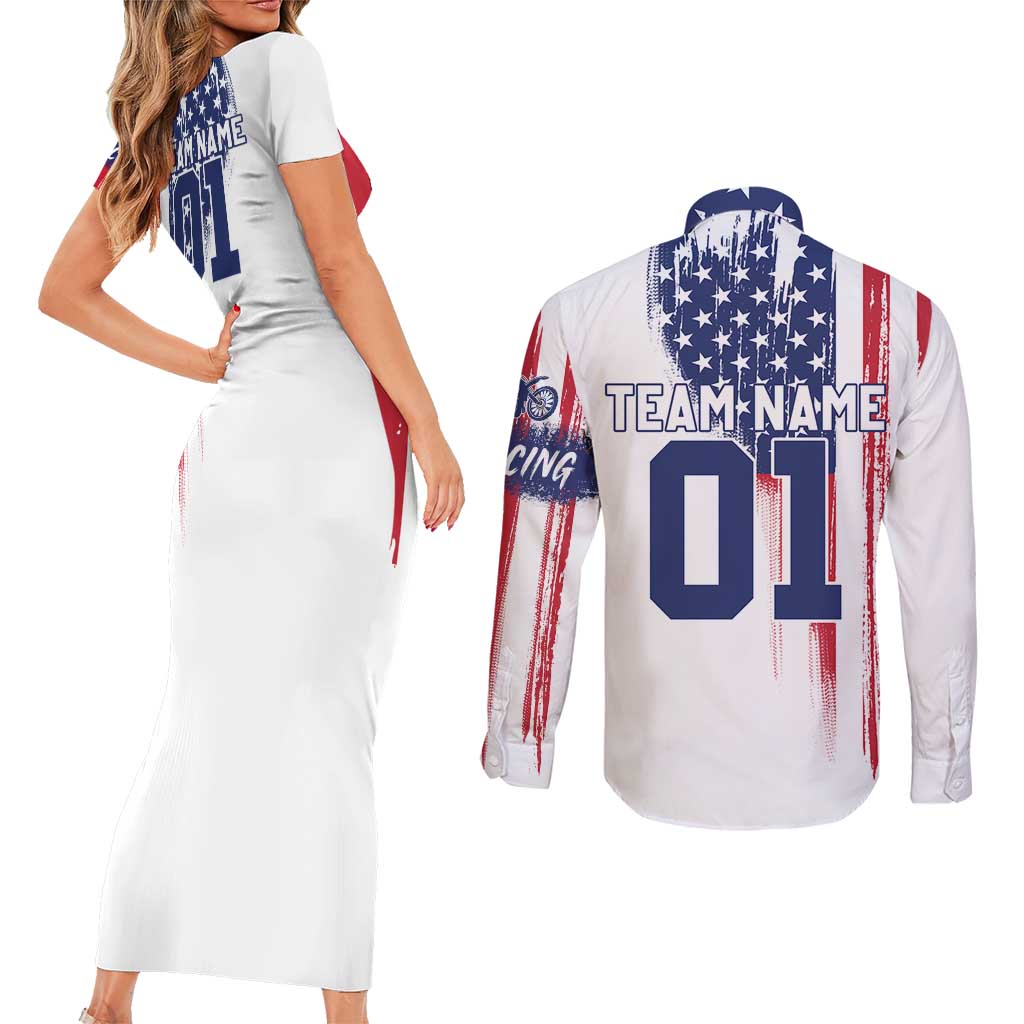 Motocross Rider Graphic Dirtbike Racing Couples Matching Short Sleeve Bodycon Dress and Long Sleeve Button Shirt with Distressed American Flag and Custom Number - Wonder Print Shop