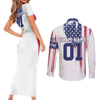 Motocross Rider Graphic Dirtbike Racing Couples Matching Short Sleeve Bodycon Dress and Long Sleeve Button Shirt with Distressed American Flag and Custom Number - Wonder Print Shop