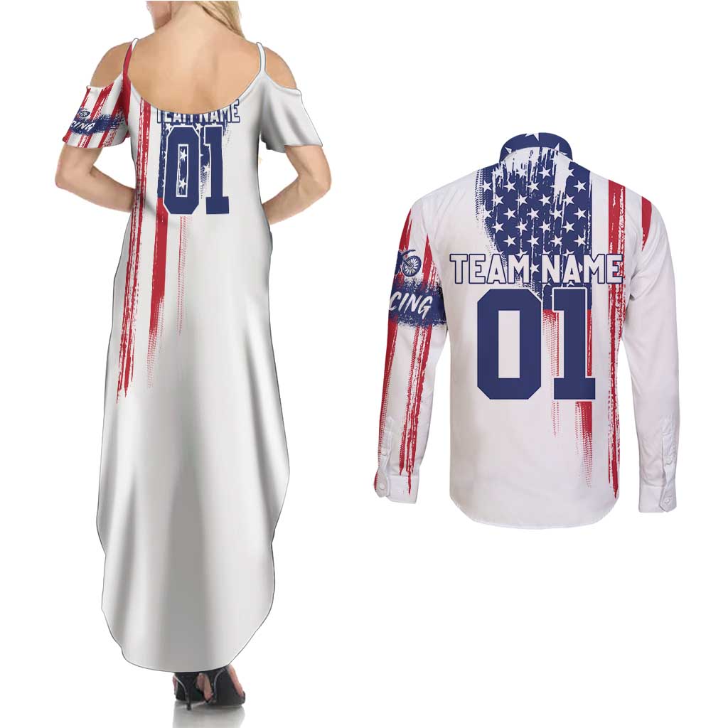 Motocross Rider Graphic Dirtbike Racing Couples Matching Summer Maxi Dress and Long Sleeve Button Shirt with Distressed American Flag and Custom Number - Wonder Print Shop