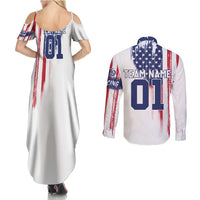 Motocross Rider Graphic Dirtbike Racing Couples Matching Summer Maxi Dress and Long Sleeve Button Shirt with Distressed American Flag and Custom Number - Wonder Print Shop