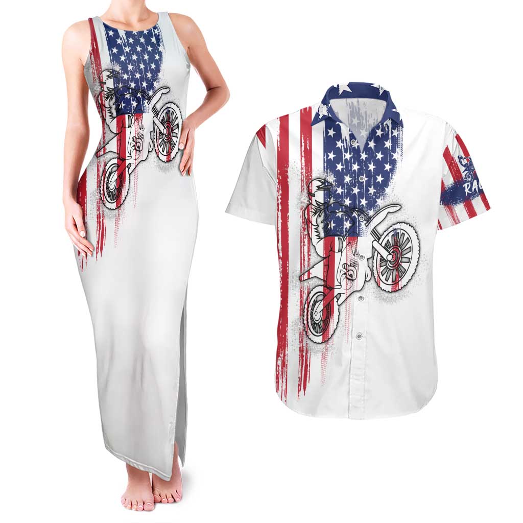 Motocross Rider Graphic Dirtbike Racing Couples Matching Tank Maxi Dress and Hawaiian Shirt with Distressed American Flag and Custom Number - Wonder Print Shop