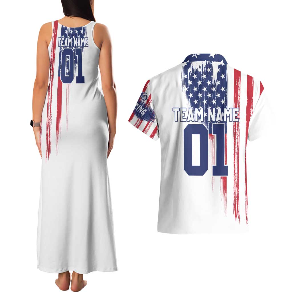 Motocross Rider Graphic Dirtbike Racing Couples Matching Tank Maxi Dress and Hawaiian Shirt with Distressed American Flag and Custom Number - Wonder Print Shop