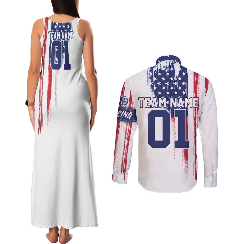 Motocross Rider Graphic Dirtbike Racing Couples Matching Tank Maxi Dress and Long Sleeve Button Shirt with Distressed American Flag and Custom Number - Wonder Print Shop