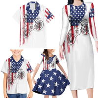 Motocross Rider Graphic Dirtbike Racing Family Matching Long Sleeve Bodycon Dress and Hawaiian Shirt with Distressed American Flag and Custom Number - Wonder Print Shop