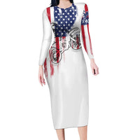 Motocross Rider Graphic Dirtbike Racing Family Matching Long Sleeve Bodycon Dress and Hawaiian Shirt with Distressed American Flag and Custom Number - Wonder Print Shop