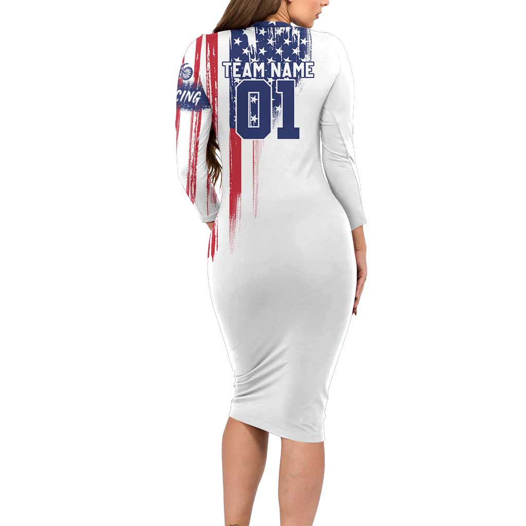 Motocross Rider Graphic Dirtbike Racing Family Matching Long Sleeve Bodycon Dress and Hawaiian Shirt with Distressed American Flag and Custom Number - Wonder Print Shop