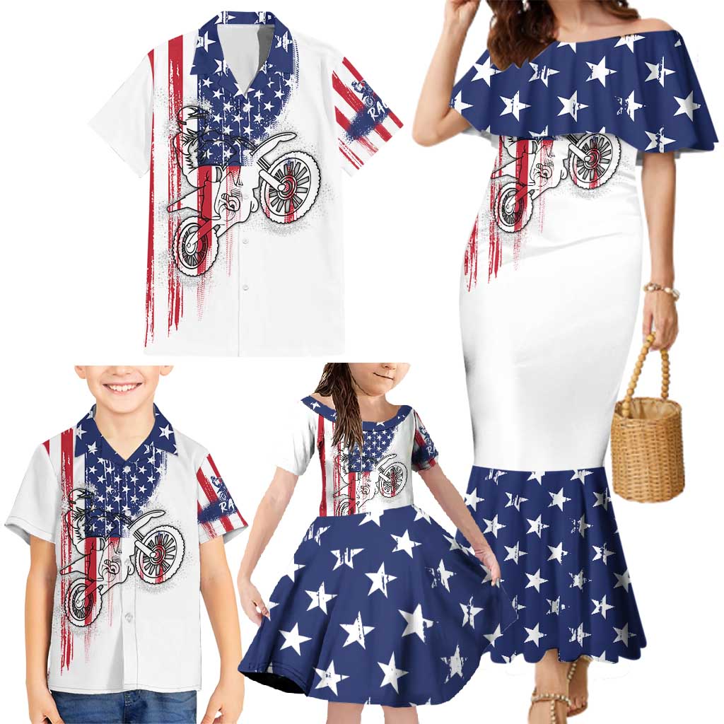 Motocross Rider Graphic Dirtbike Racing Family Matching Mermaid Dress and Hawaiian Shirt with Distressed American Flag and Custom Number - Wonder Print Shop