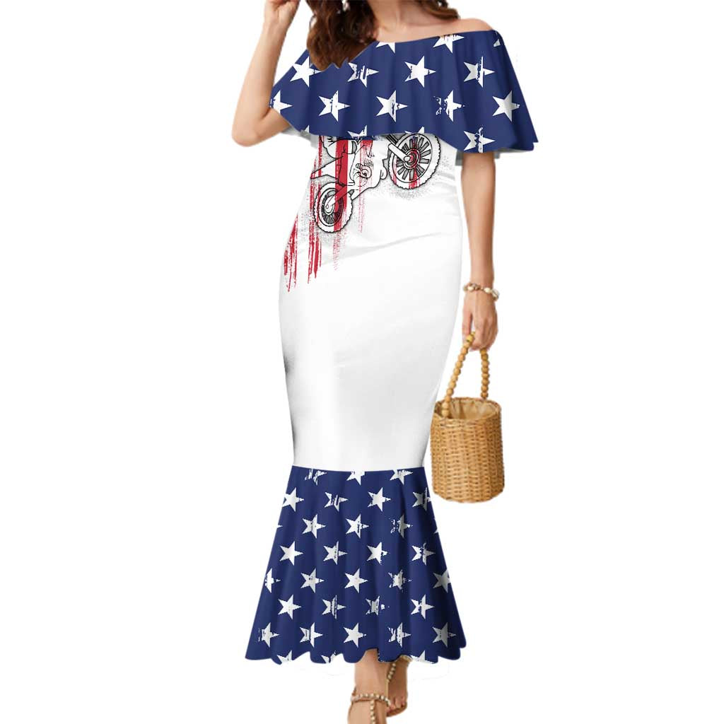 Motocross Rider Graphic Dirtbike Racing Family Matching Mermaid Dress and Hawaiian Shirt with Distressed American Flag and Custom Number - Wonder Print Shop