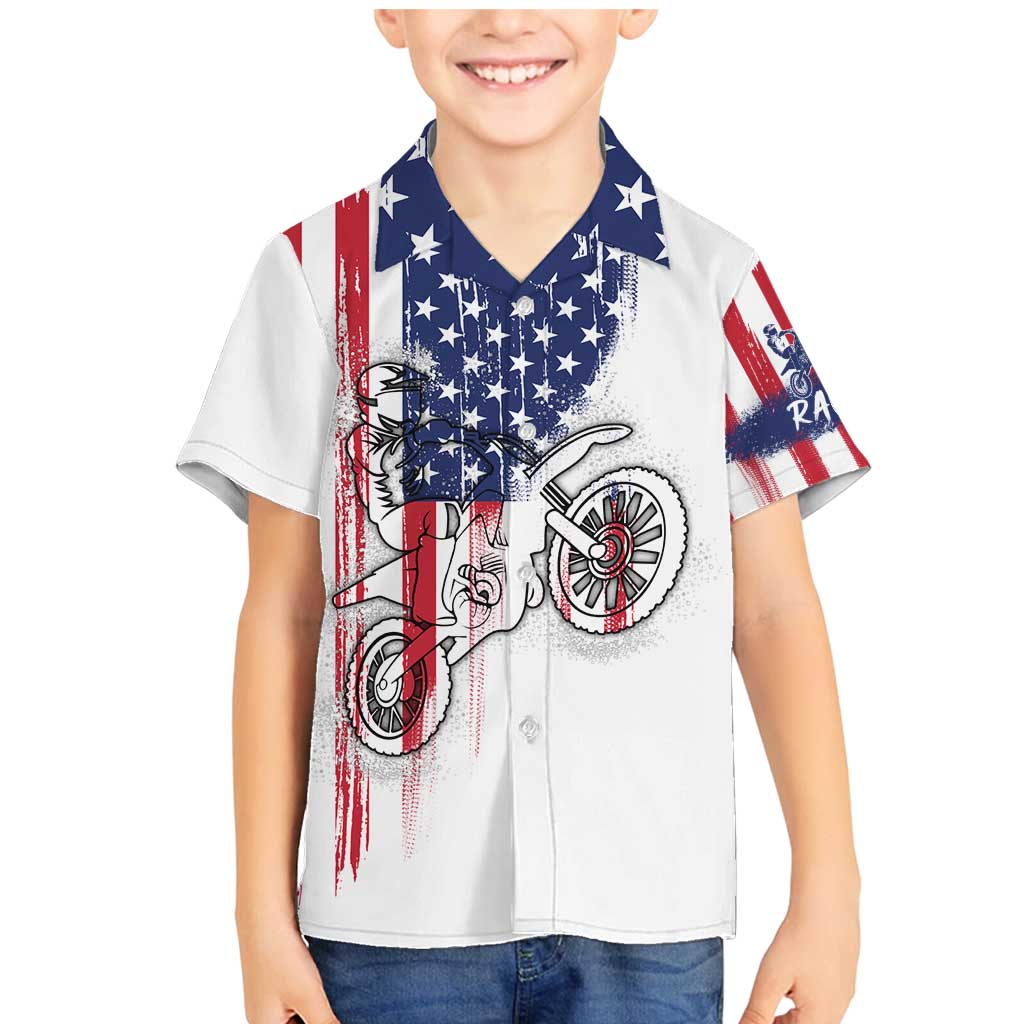 Motocross Rider Graphic Dirtbike Racing Family Matching Mermaid Dress and Hawaiian Shirt with Distressed American Flag and Custom Number - Wonder Print Shop